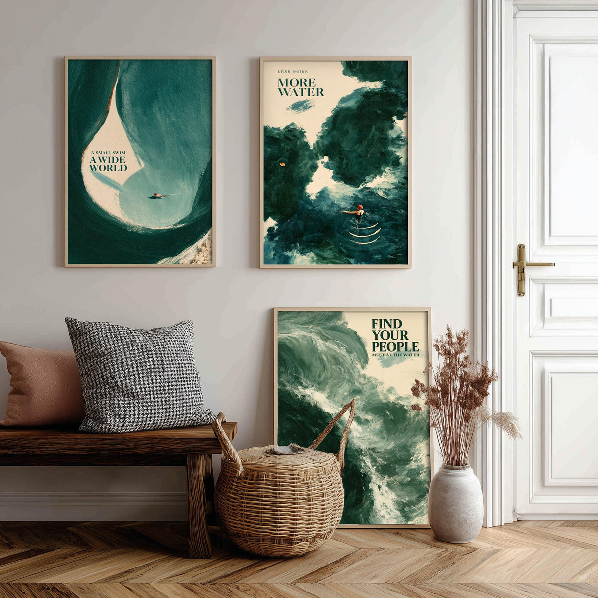Wild Swimming Set of Three Art Prints - Small Swim Wide World, Less Noise More Water, Find Your People - Tidewash Sea Painting Posters V2