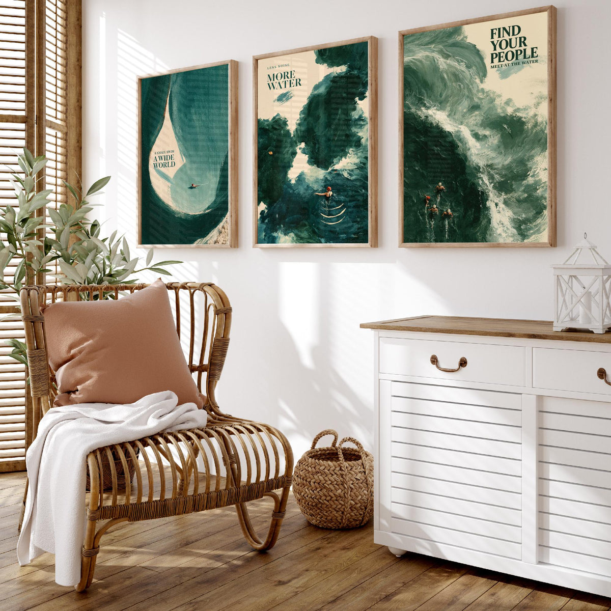 Wild Swimming Set of Three Art Prints - Small Swim Wide World, Less Noise More Water, Find Your People - Tidewash Sea Painting Posters V2