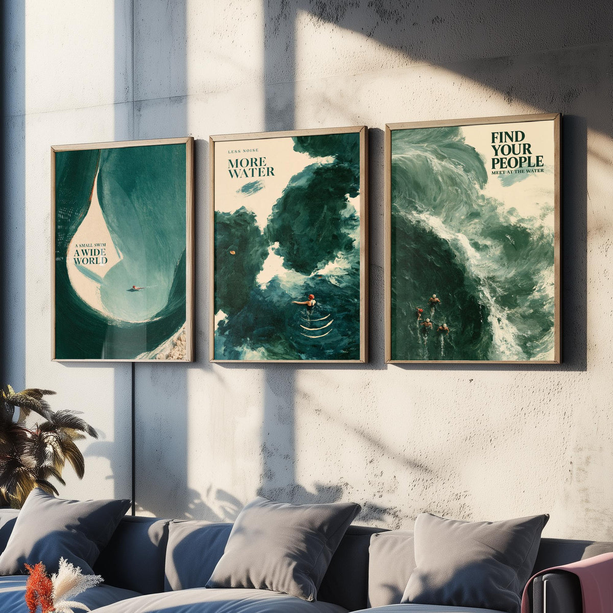 Wild Swimming Set of Three Art Prints - Small Swim Wide World, Less Noise More Water, Find Your People - Tidewash Sea Painting Posters V2