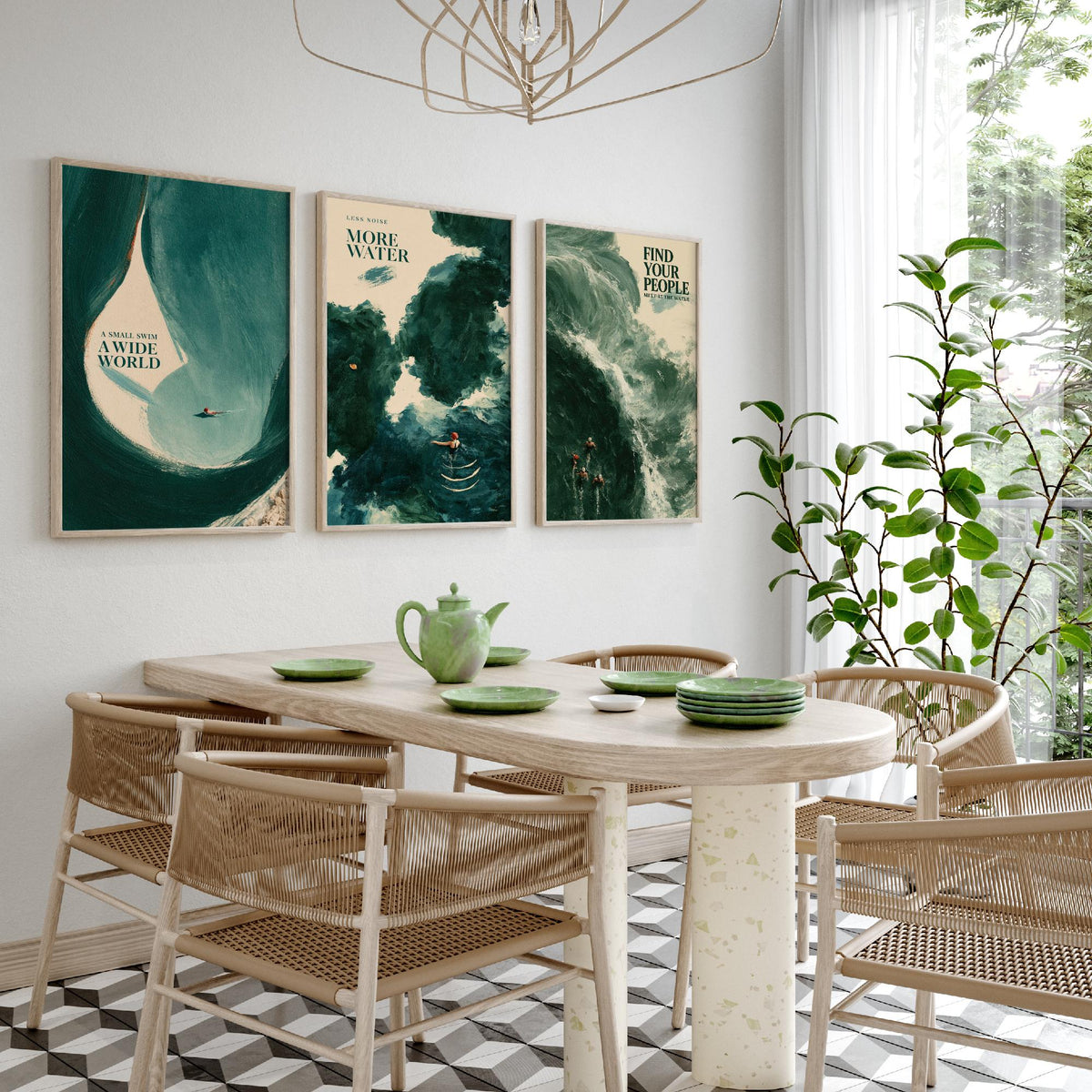 Wild Swimming Set of Three Art Prints - Small Swim Wide World, Less Noise More Water, Find Your People - Tidewash Sea Painting Posters V2