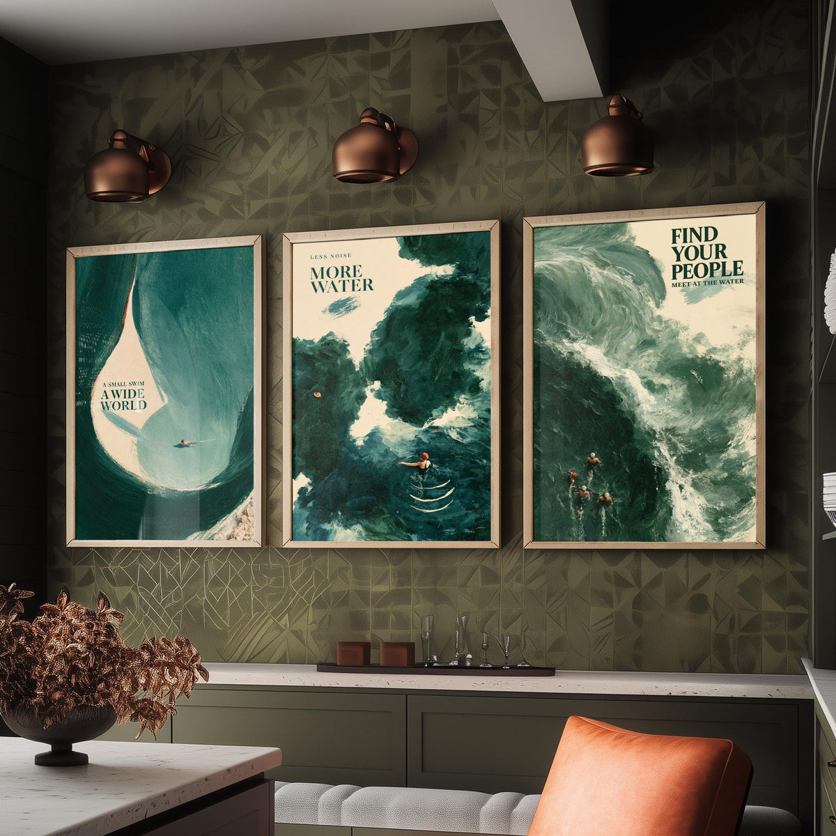 Wild Swimming Set of Three Art Prints - Small Swim Wide World, Less Noise More Water, Find Your People - Tidewash Sea Painting Posters V2