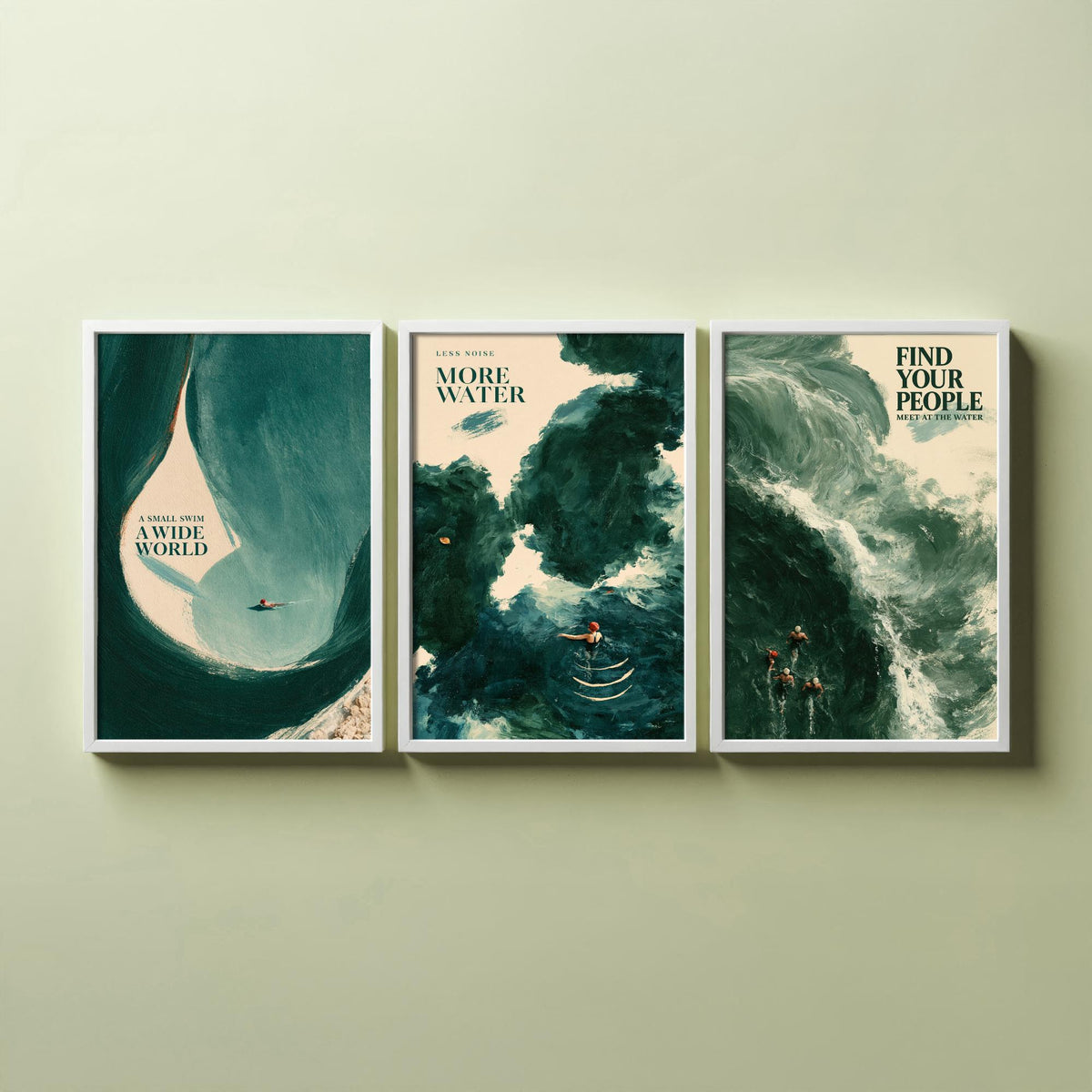 Wild Swimming Set of Three Art Prints - Small Swim Wide World, Less Noise More Water, Find Your People - Tidewash Sea Painting Posters V2