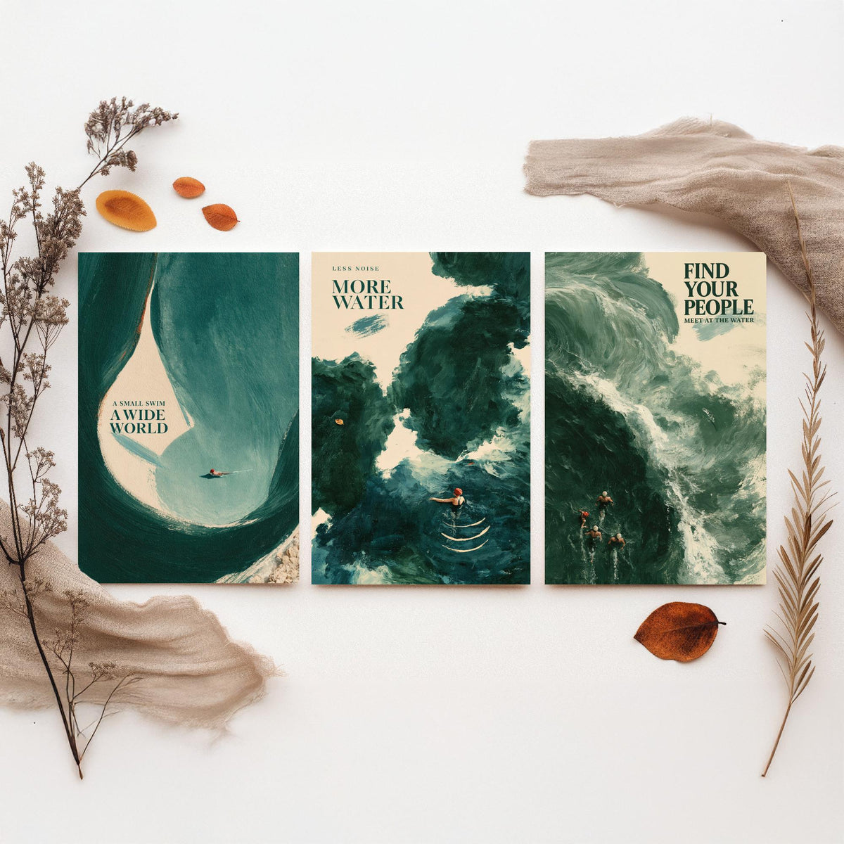 Wild Swimming Set of Three Art Prints - Small Swim Wide World, Less Noise More Water, Find Your People - Tidewash Sea Painting Posters V2