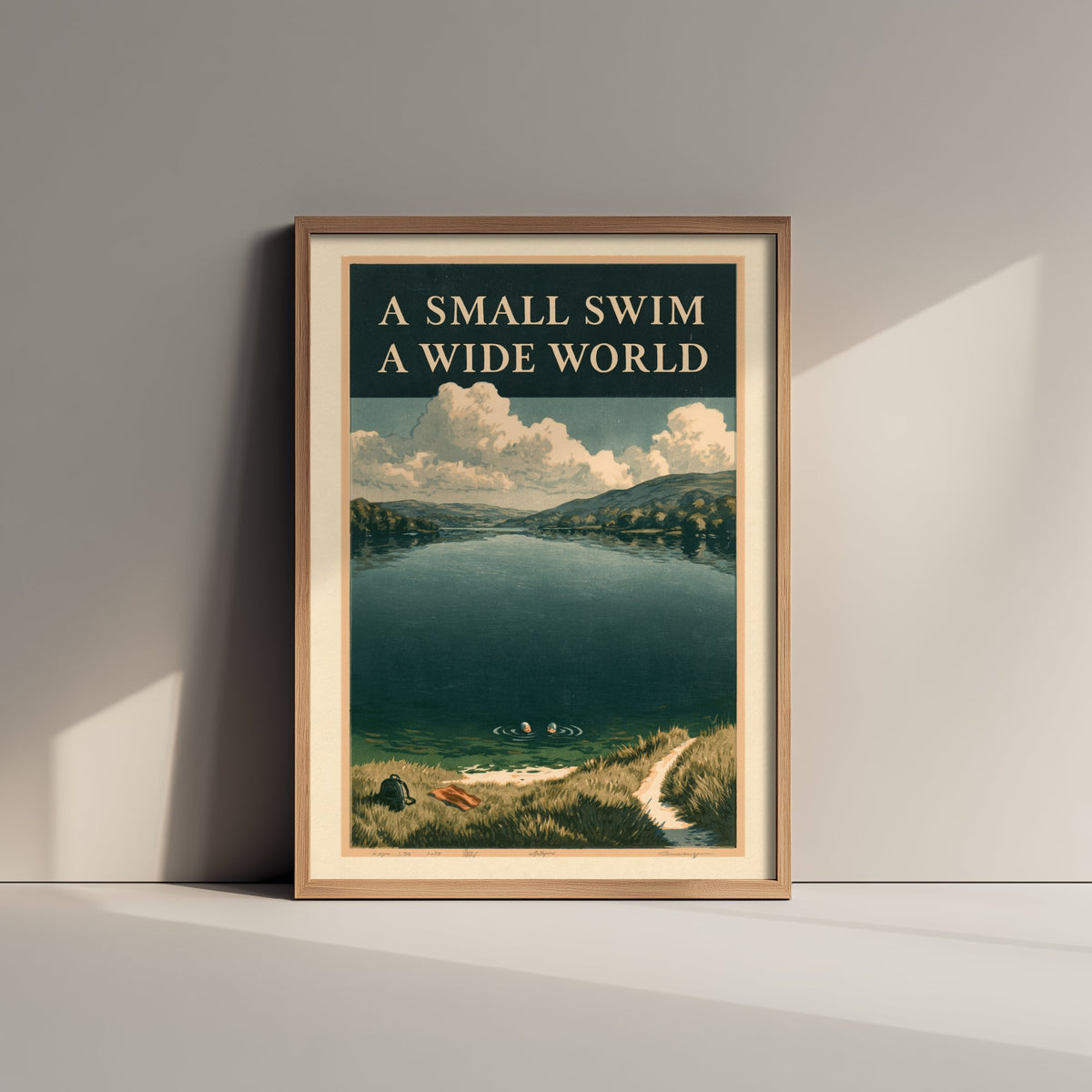A Small Swim A Wide World Wild Swimming Print - Cold Water Swimmer Quote Poster - Amberpress Linocut Style Illustration