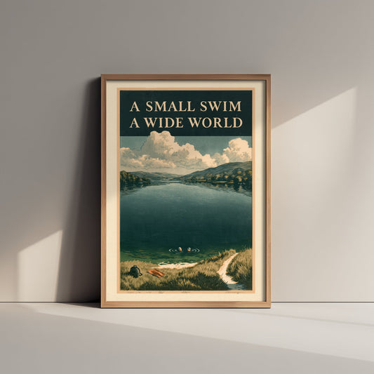 A Small Swim A Wide World Wild Swimming Print - Cold Water Swimmer Quote Poster - Amberpress Linocut Style Illustration