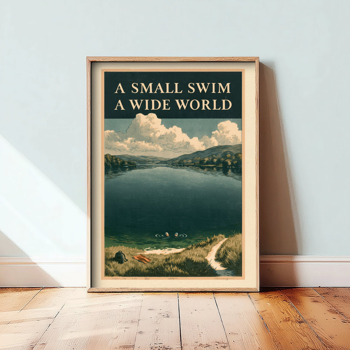 A Small Swim A Wide World Wild Swimming Print - Cold Water Swimmer Quote Poster - Amberpress Linocut Style Illustration