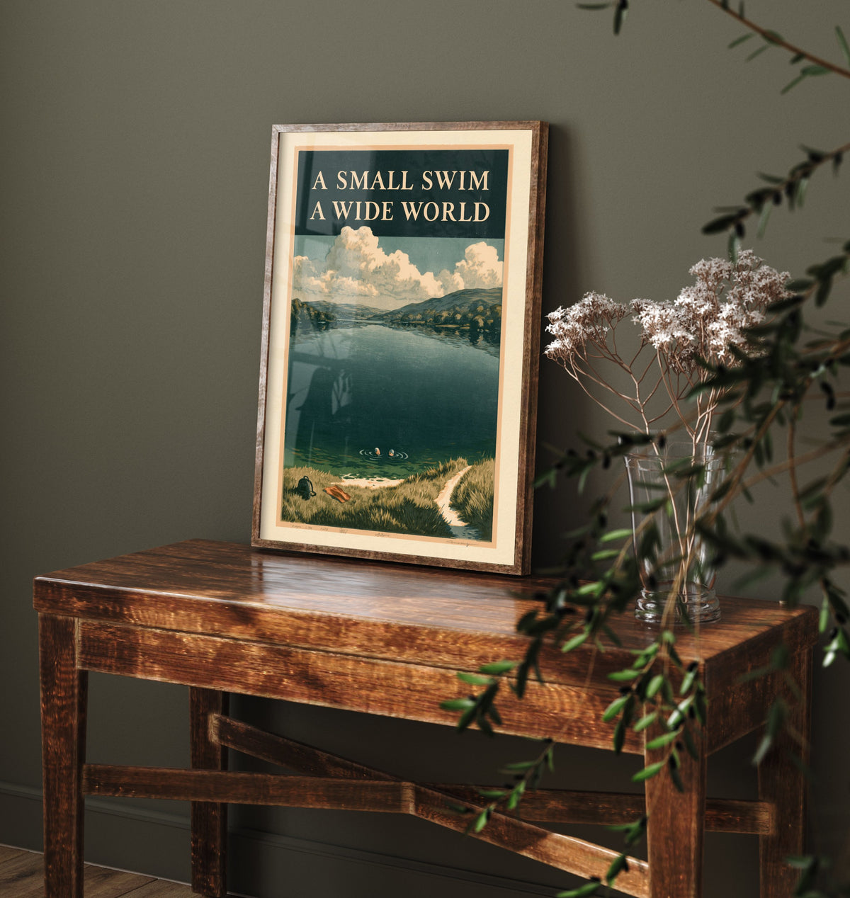 A Small Swim A Wide World Wild Swimming Print - Cold Water Swimmer Quote Poster - Amberpress Linocut Style Illustration