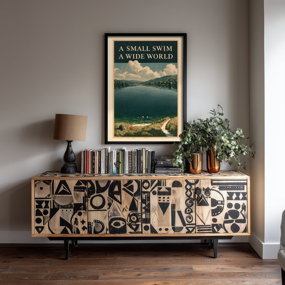 A Small Swim A Wide World Wild Swimming Print - Cold Water Swimmer Quote Poster - Amberpress Linocut Style Illustration