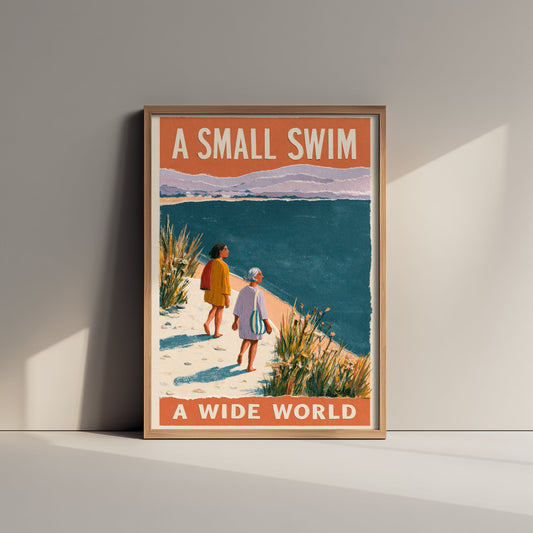 A Small Swim A Wide World Wild Swimming Print - Cold Water Swimmer Quote Poster - Coralcut Paper Collage Illustration
