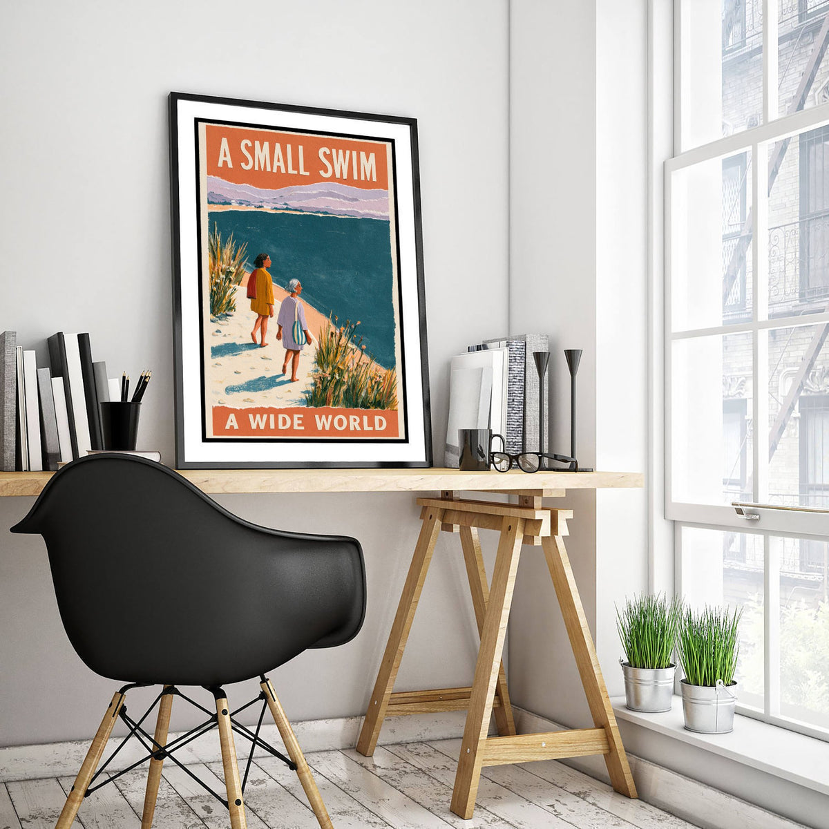 A Small Swim A Wide World Wild Swimming Print - Cold Water Swimmer Quote Poster - Coralcut Paper Collage Illustration