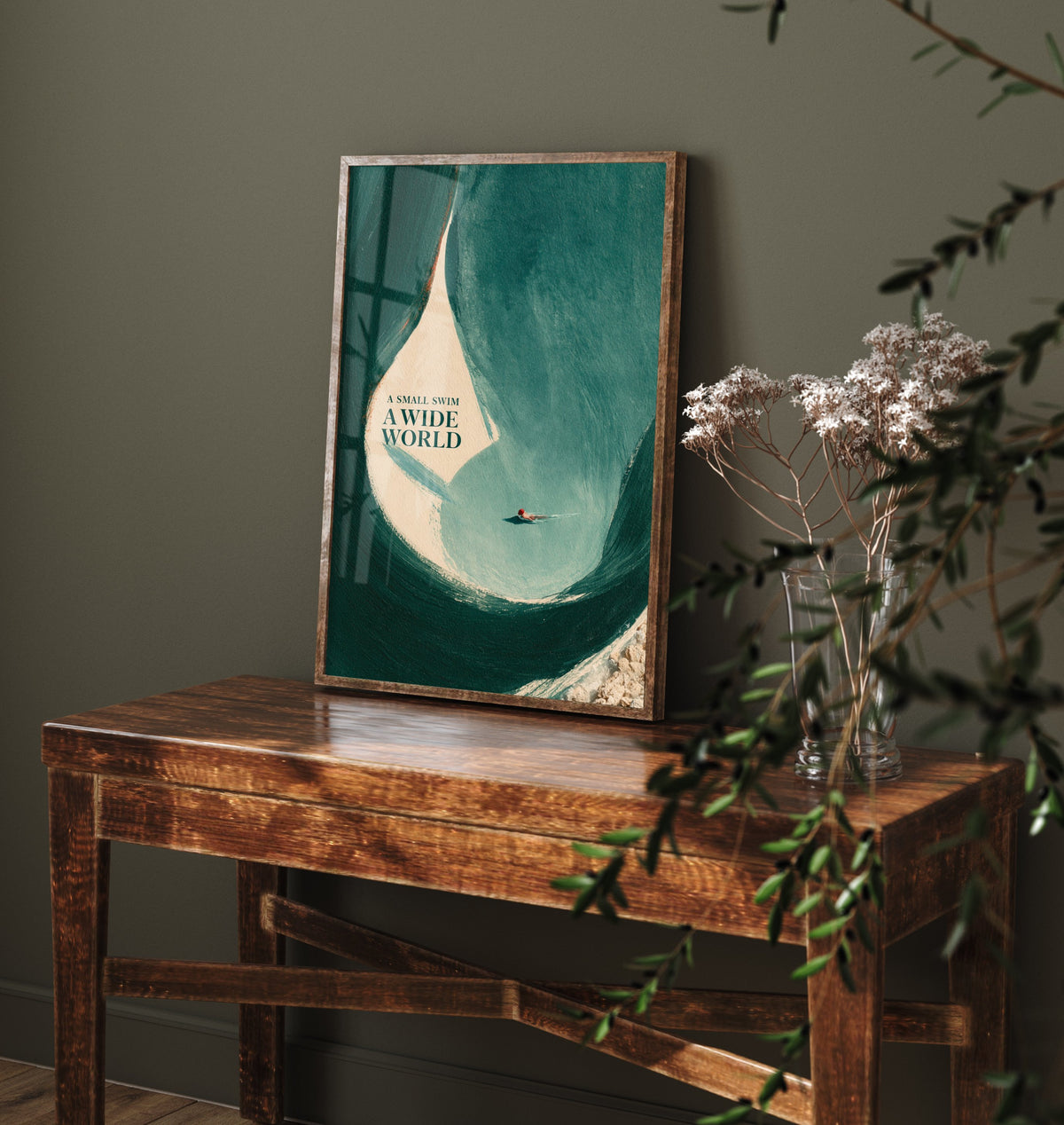 A Small Swim A Wide World Wild Swimming Print - Cold Water Swimmer Quote Poster - Tidewash Green Sea Painting