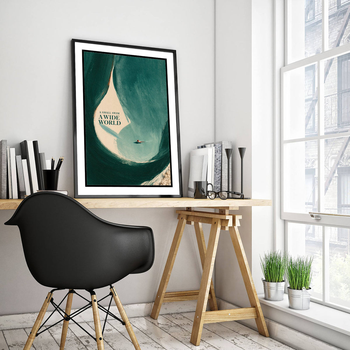 A Small Swim A Wide World Wild Swimming Print - Cold Water Swimmer Quote Poster - Tidewash Green Sea Painting