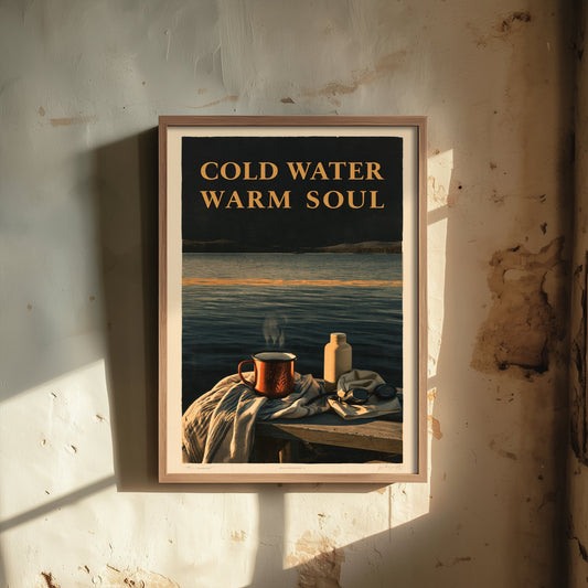 Cold Water Warm Soul Wild Swimming Print - Cold Water Swimmer Quote Poster - Amberpress Linocut Style Illustration