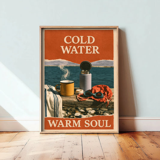 Cold Water Warm Soul Wild Swimming Print - Cold Water Swimmer Quote Poster - Coralcut Paper Collage Illustration