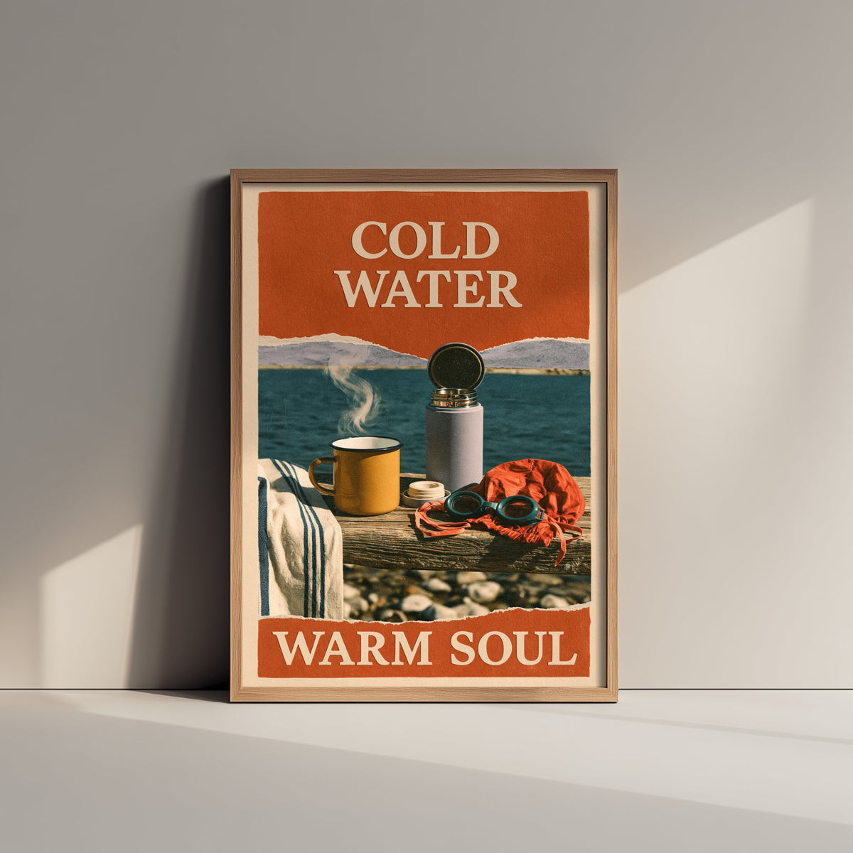Cold Water Warm Soul Wild Swimming Print - Cold Water Swimmer Quote Poster - Coralcut Paper Collage Illustration