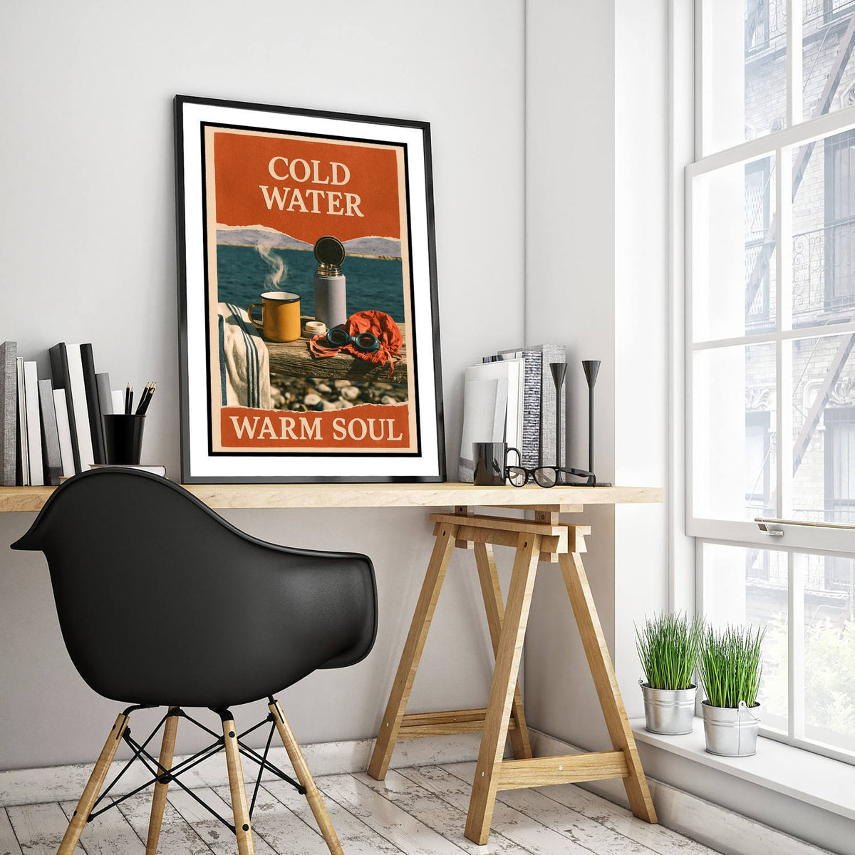 Cold Water Warm Soul Wild Swimming Print - Cold Water Swimmer Quote Poster - Coralcut Paper Collage Illustration