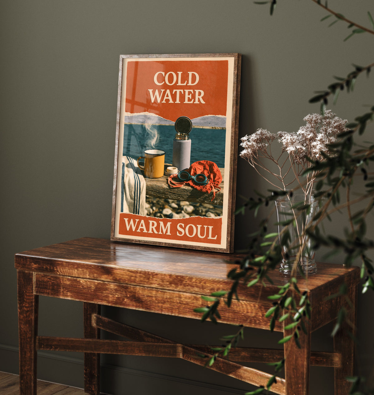 Cold Water Warm Soul Wild Swimming Print - Cold Water Swimmer Quote Poster - Coralcut Paper Collage Illustration