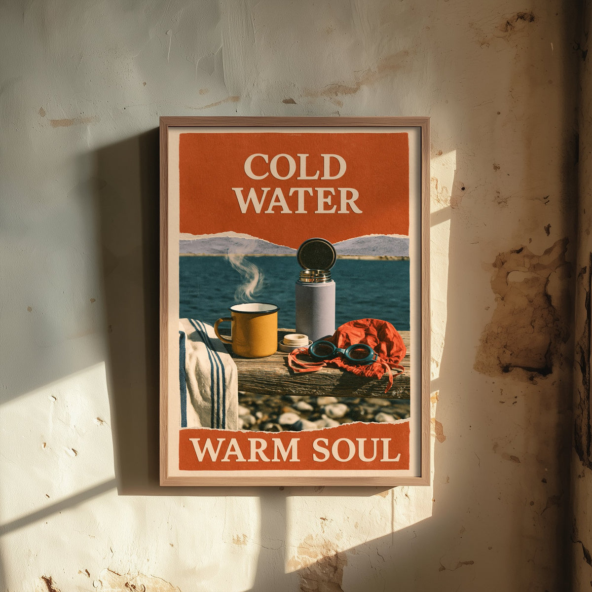 Cold Water Warm Soul Wild Swimming Print - Cold Water Swimmer Quote Poster - Coralcut Paper Collage Illustration