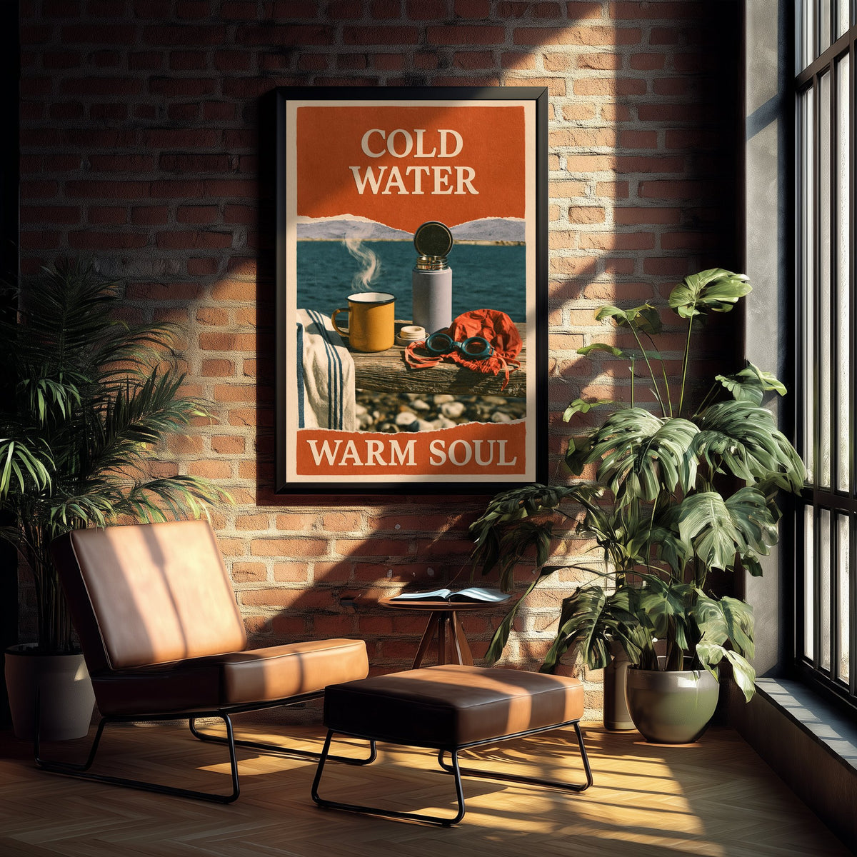Cold Water Warm Soul Wild Swimming Print - Cold Water Swimmer Quote Poster - Coralcut Paper Collage Illustration