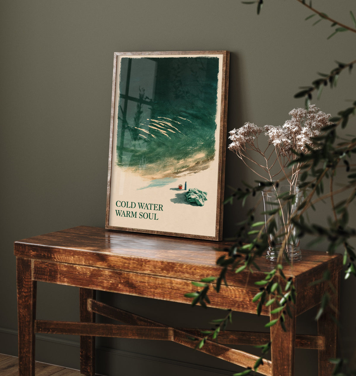 Cold Water Warm Soul Wild Swimming Print - Cold Water Swimmer Quote Poster - Tidewash Green Sea Painting