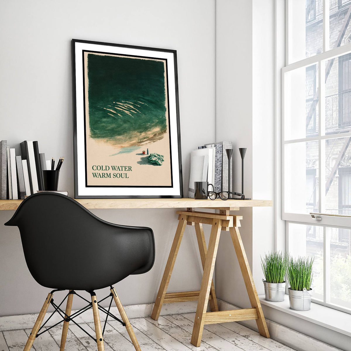 Cold Water Warm Soul Wild Swimming Print - Cold Water Swimmer Quote Poster - Tidewash Green Sea Painting