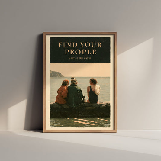 Find Your People Wild Swimming Print - Cold Water Swimmer Quote Poster - Meet at the Water - Amberpress Linocut Style Illustration