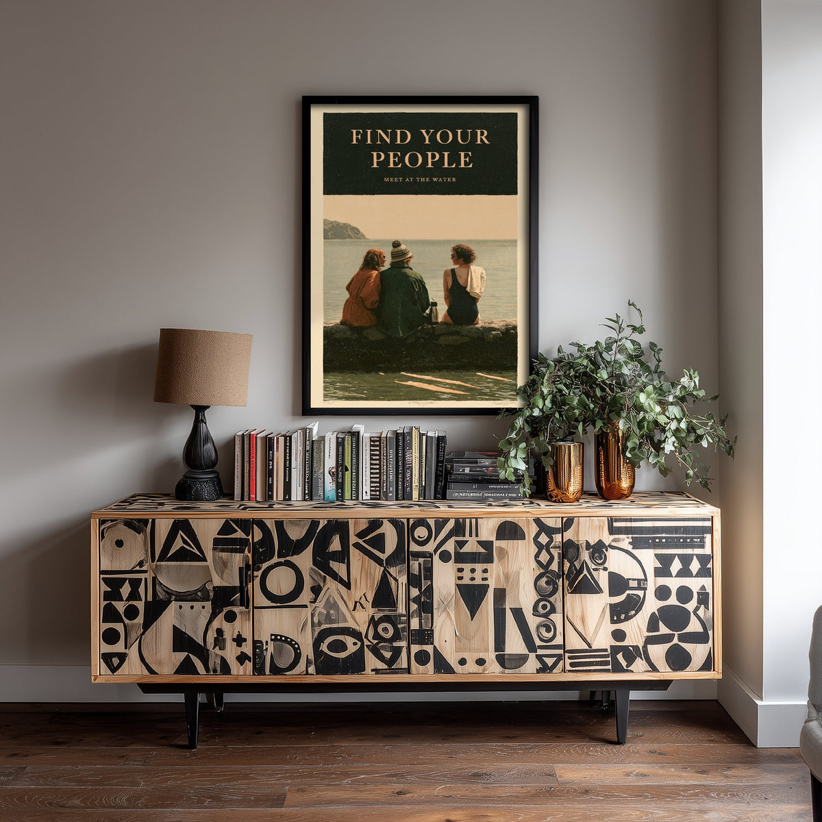 Find Your People Wild Swimming Print - Cold Water Swimmer Quote Poster - Meet at the Water - Amberpress Linocut Style Illustration