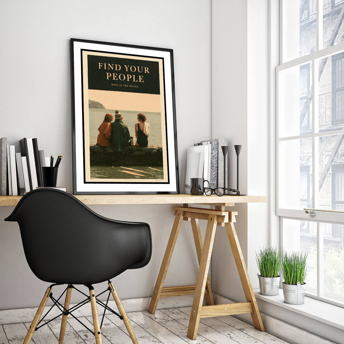 Find Your People Wild Swimming Print - Cold Water Swimmer Quote Poster - Meet at the Water - Amberpress Linocut Style Illustration