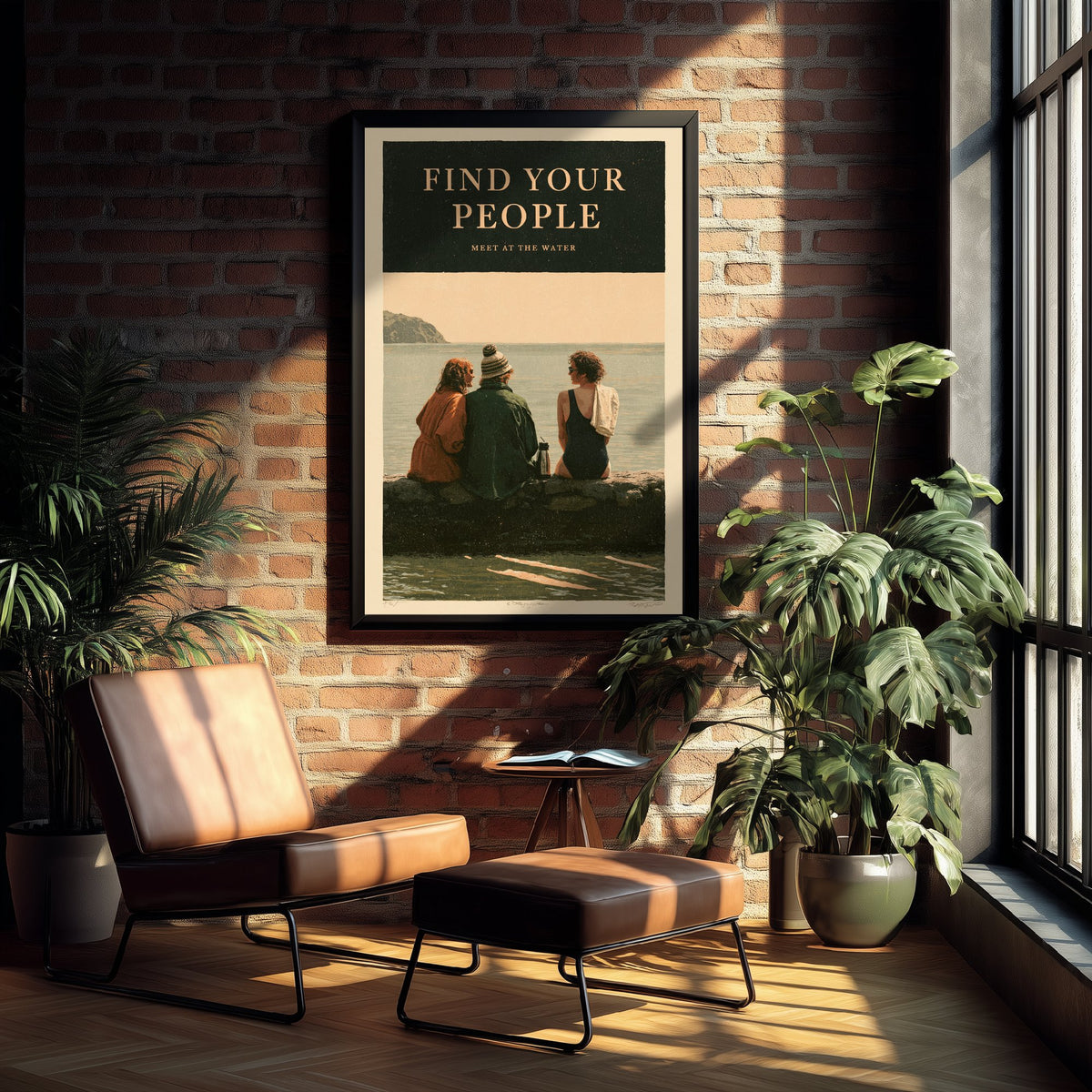 Find Your People Wild Swimming Print - Cold Water Swimmer Quote Poster - Meet at the Water - Amberpress Linocut Style Illustration