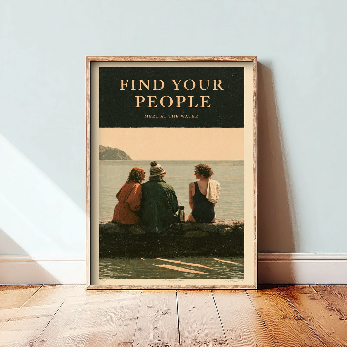 Find Your People Wild Swimming Print - Cold Water Swimmer Quote Poster - Meet at the Water - Amberpress Linocut Style Illustration