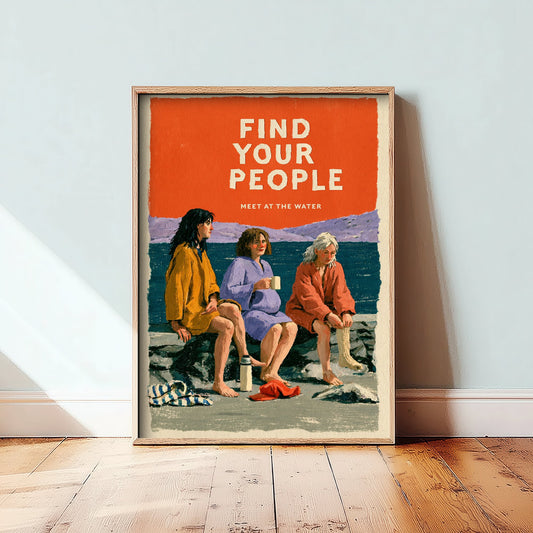 Find Your People Wild Swimming Print - Cold Water Swimmer Quote Poster - Meet at the Water - Coralcut Paper Collage Illustration