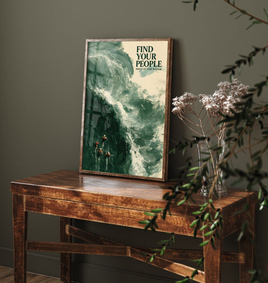 Find Your People Wild Swimming Print - Cold Water Swimmer Quote Poster - Meet at the Water - Tidewash Green Sea Painting