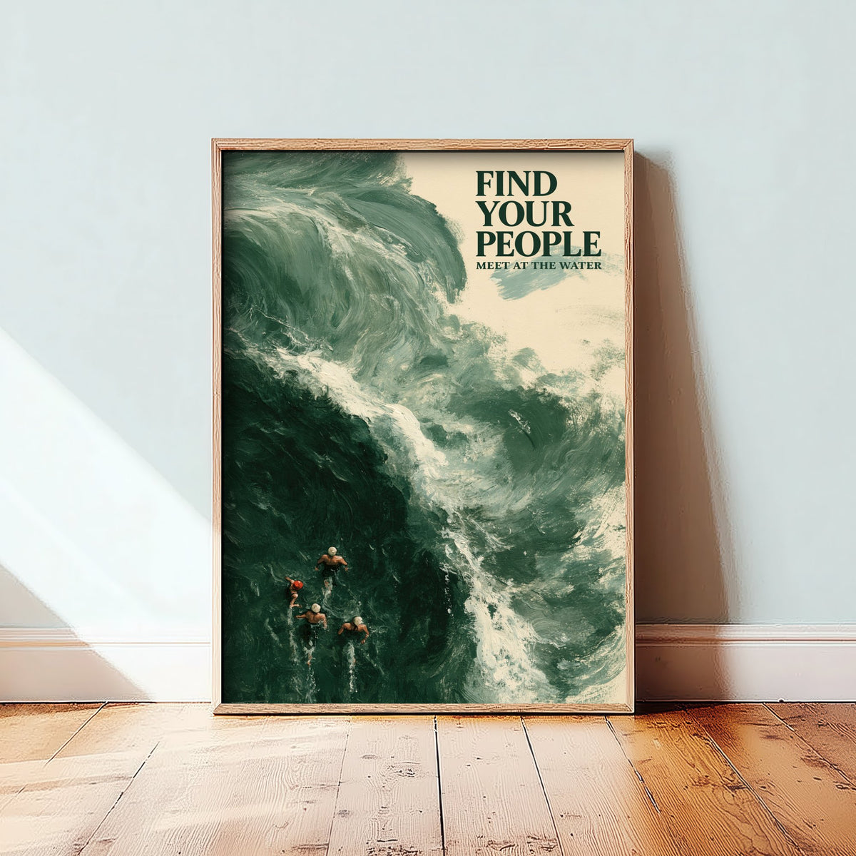 Find Your People Wild Swimming Print - Cold Water Swimmer Quote Poster - Meet at the Water - Tidewash Green Sea Painting