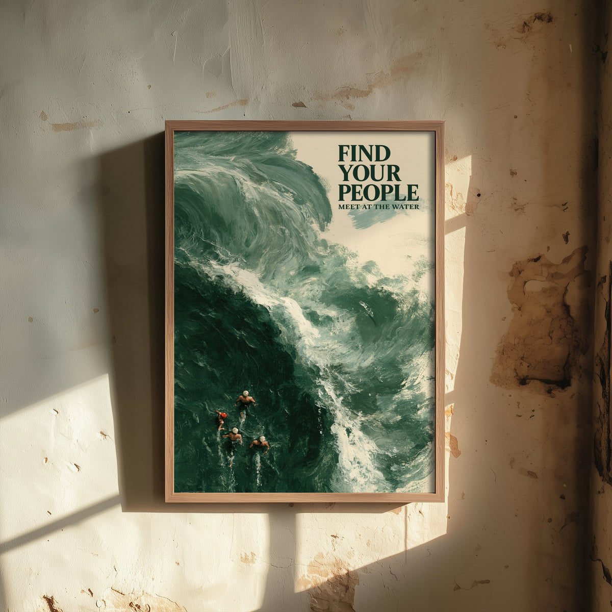 Find Your People Wild Swimming Print - Cold Water Swimmer Quote Poster - Meet at the Water - Tidewash Green Sea Painting