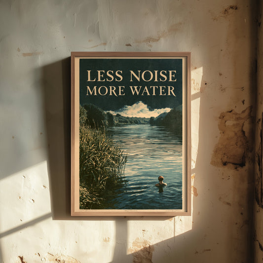 Less Noise More Water Wild Swimming Print - Cold Water Swimmer Quote Poster - Amberpress Linocut Style Illustration