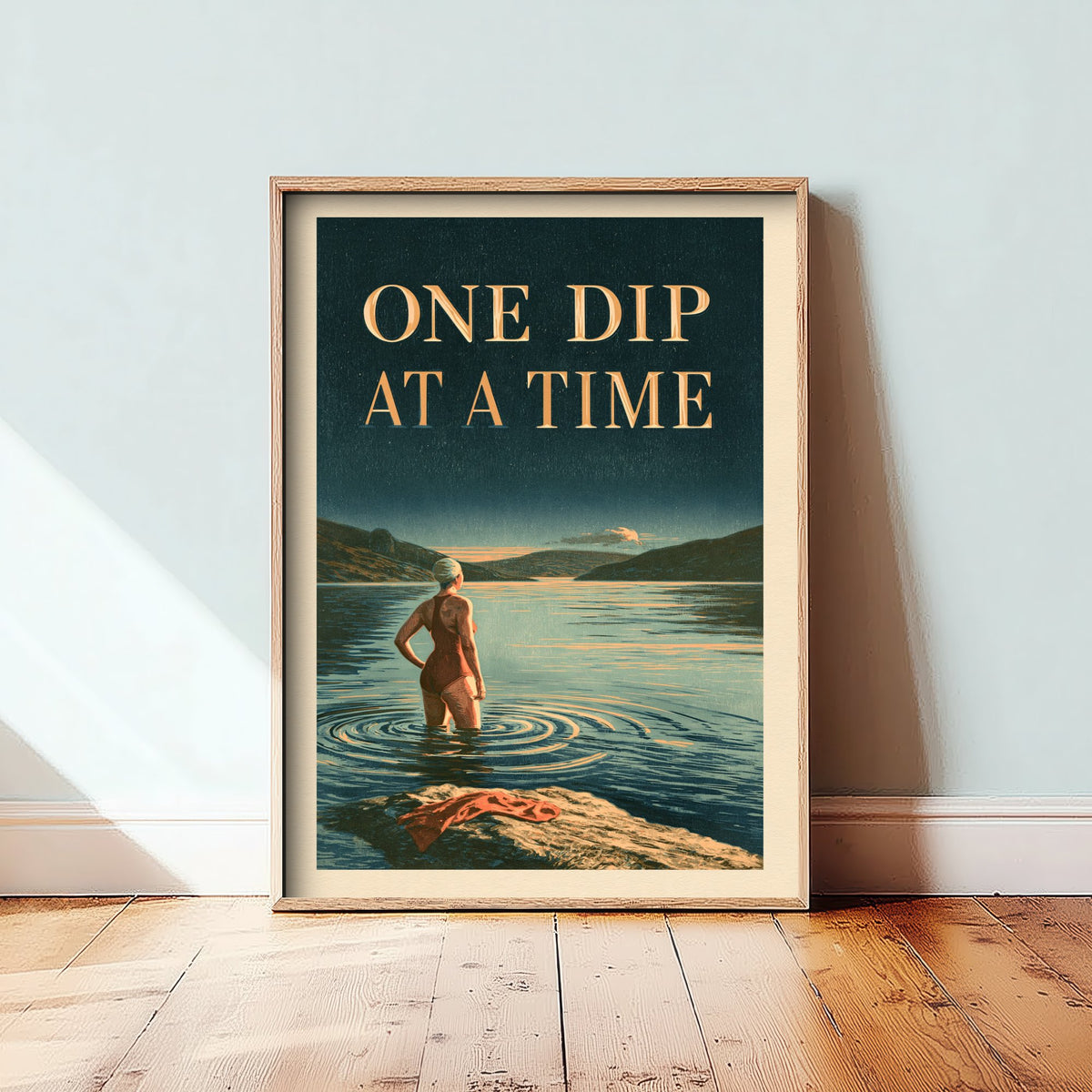 One Dip at a Time Wild Swimming Print - Cold Water Swimmer Quote Poster - Amberpress Linocut Style Illustration