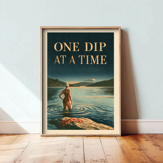 One Dip at a Time Wild Swimming Print - Cold Water Swimmer Quote Poster - Amberpress Linocut Style Illustration