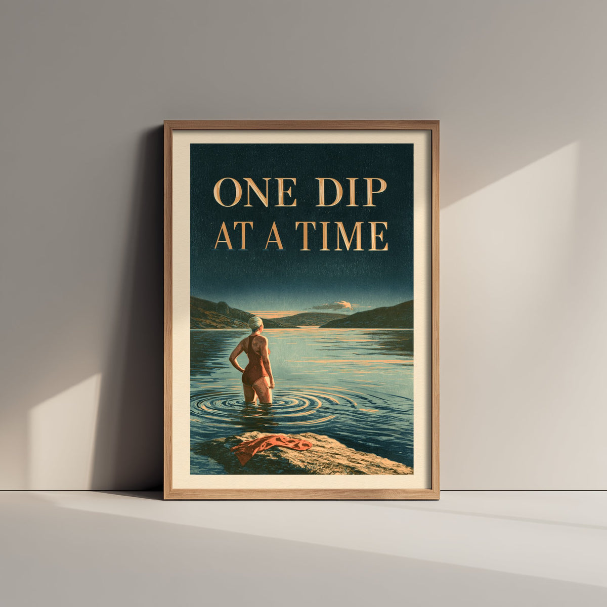 One Dip at a Time Wild Swimming Print - Cold Water Swimmer Quote Poster - Amberpress Linocut Style Illustration