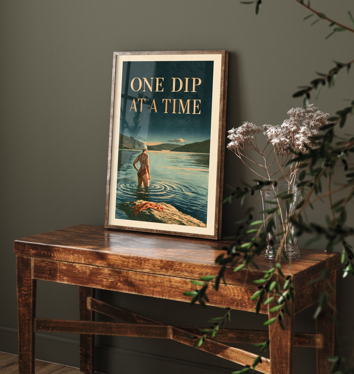 One Dip at a Time Wild Swimming Print - Cold Water Swimmer Quote Poster - Amberpress Linocut Style Illustration