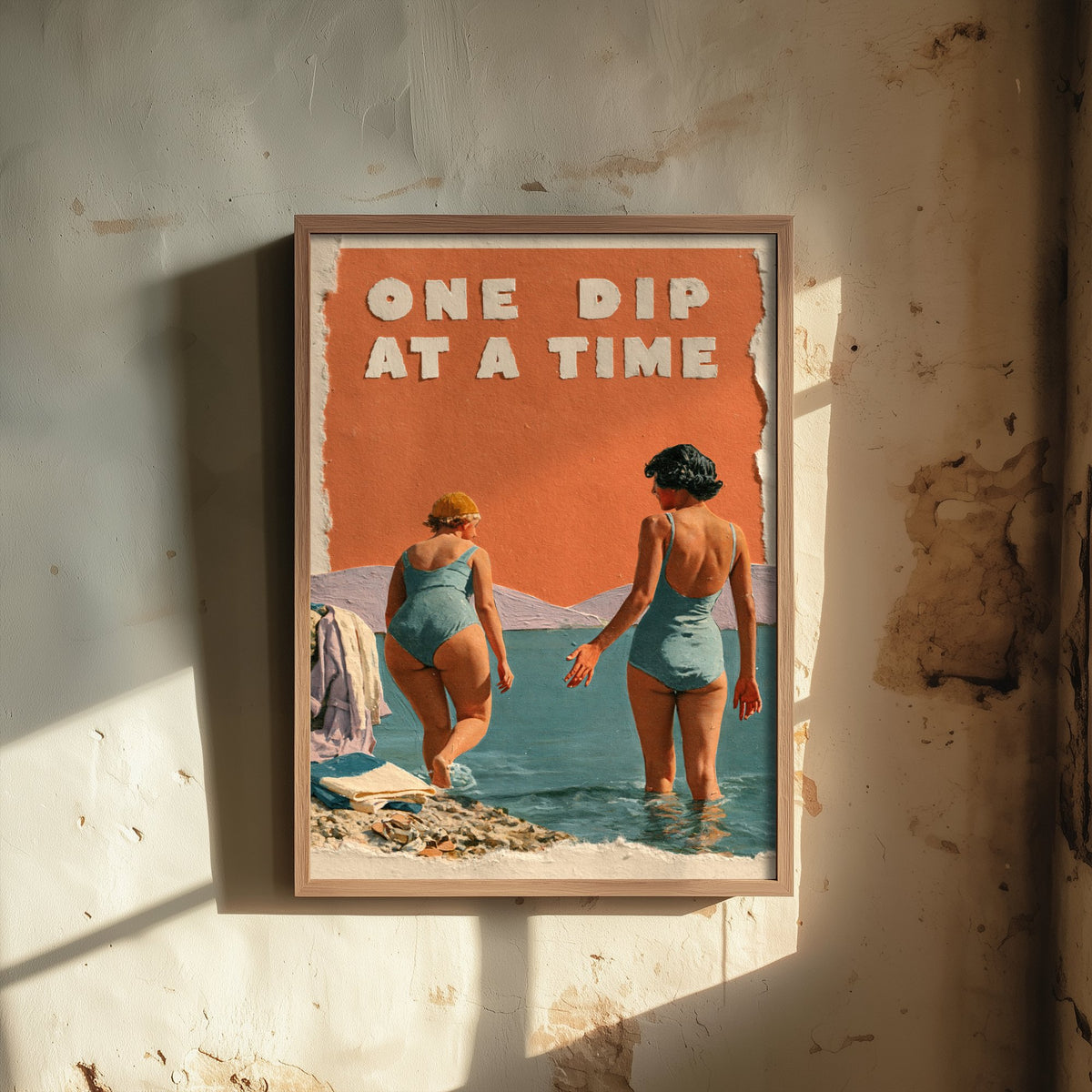 One Dip at a Time Wild Swimming Print - Cold Water Swimmer Quote Poster - Coralcut Paper Collage Illustration