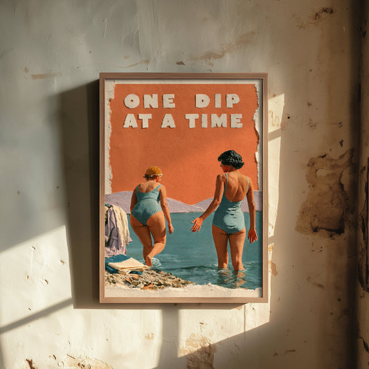 One Dip at a Time Wild Swimming Print - Cold Water Swimmer Quote Poster - Coralcut Paper Collage Illustration