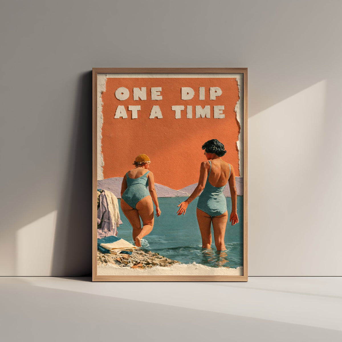 One Dip at a Time Wild Swimming Print - Cold Water Swimmer Quote Poster - Coralcut Paper Collage Illustration