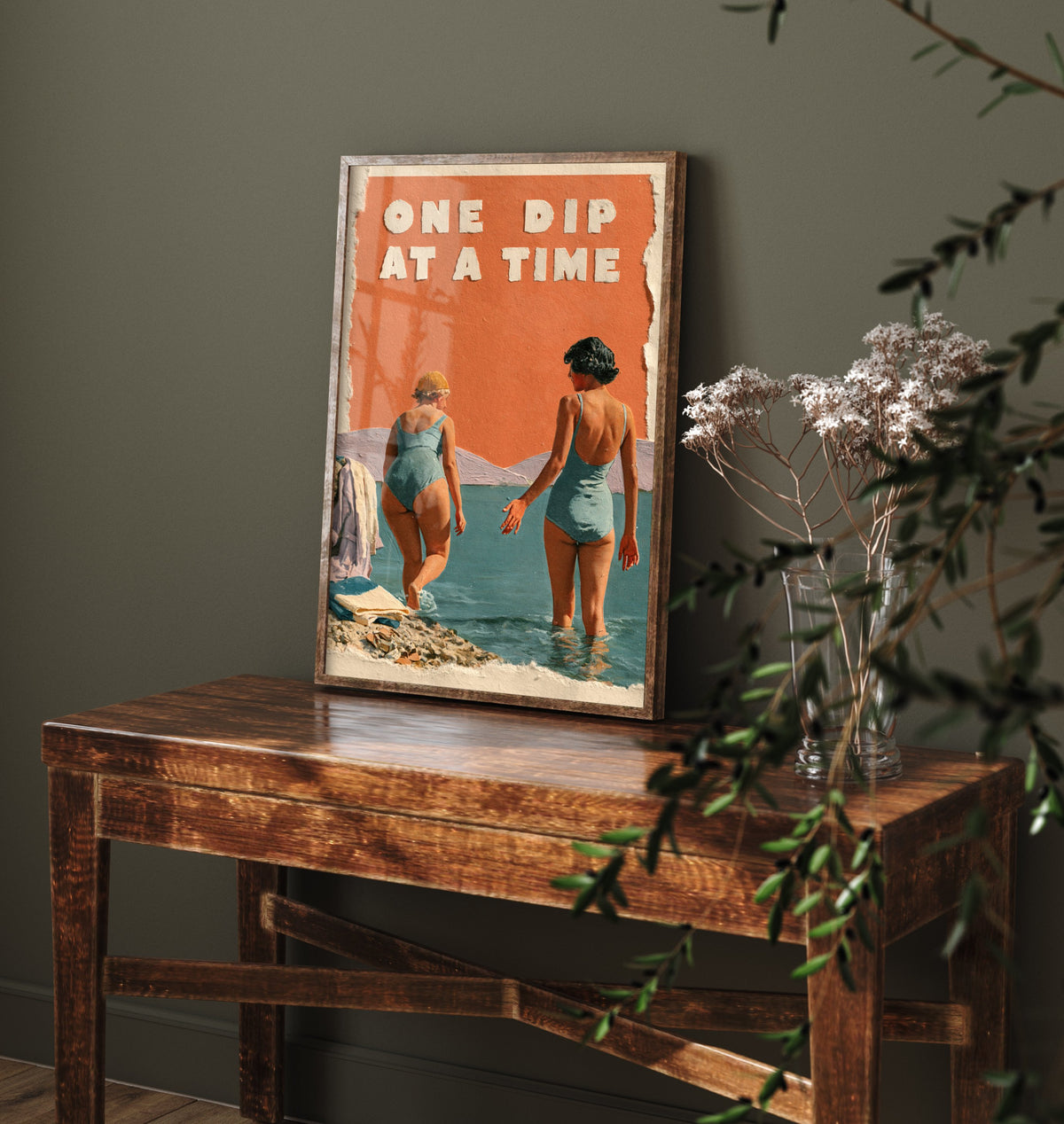 One Dip at a Time Wild Swimming Print - Cold Water Swimmer Quote Poster - Coralcut Paper Collage Illustration