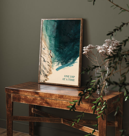 One Dip at a Time Wild Swimming Print - Cold Water Swimmer Quote Poster - Tidewash Green Sea Painting