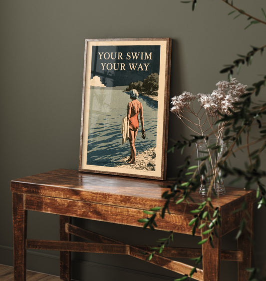 Your Swim Your Way Wild Swimming Print - Cold Water Swimmer Quote Poster - Amberpress Linocut Style Illustration