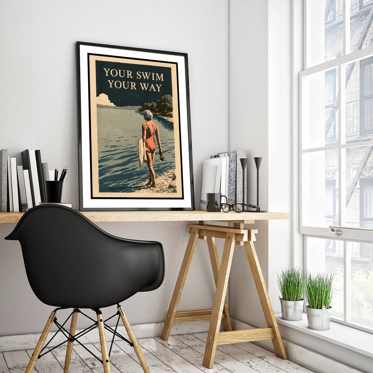 Your Swim Your Way Wild Swimming Print - Cold Water Swimmer Quote Poster - Amberpress Linocut Style Illustration