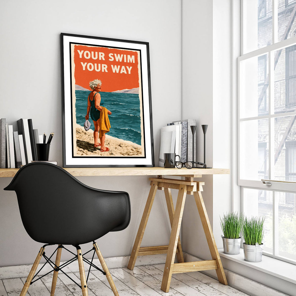Your Swim Your Way Wild Swimming Print - Cold Water Swimmer Quote Poster - Coralcut Paper Collage Illustration