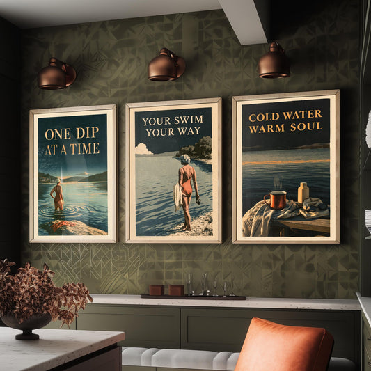 Wild Swimming Set of Three Art Prints - One Dip at a Time, Your Swim Your Way, Cold Water Warm Soul - Amberpress Poster Illustrations V1