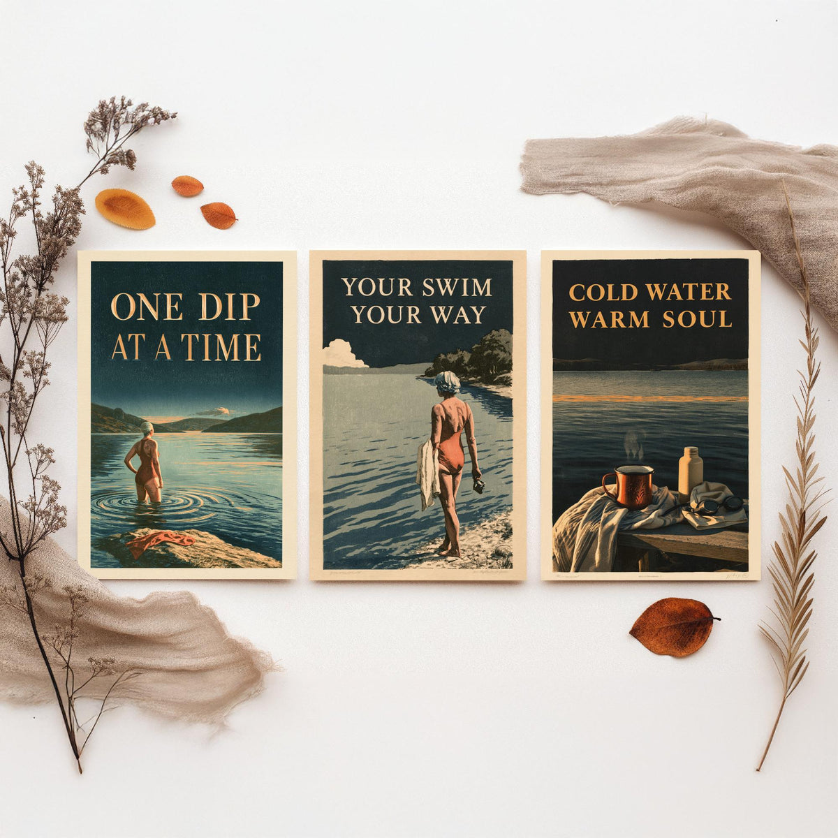 Wild Swimming Set of Three Art Prints - One Dip at a Time, Your Swim Your Way, Cold Water Warm Soul - Amberpress Poster Illustrations V1