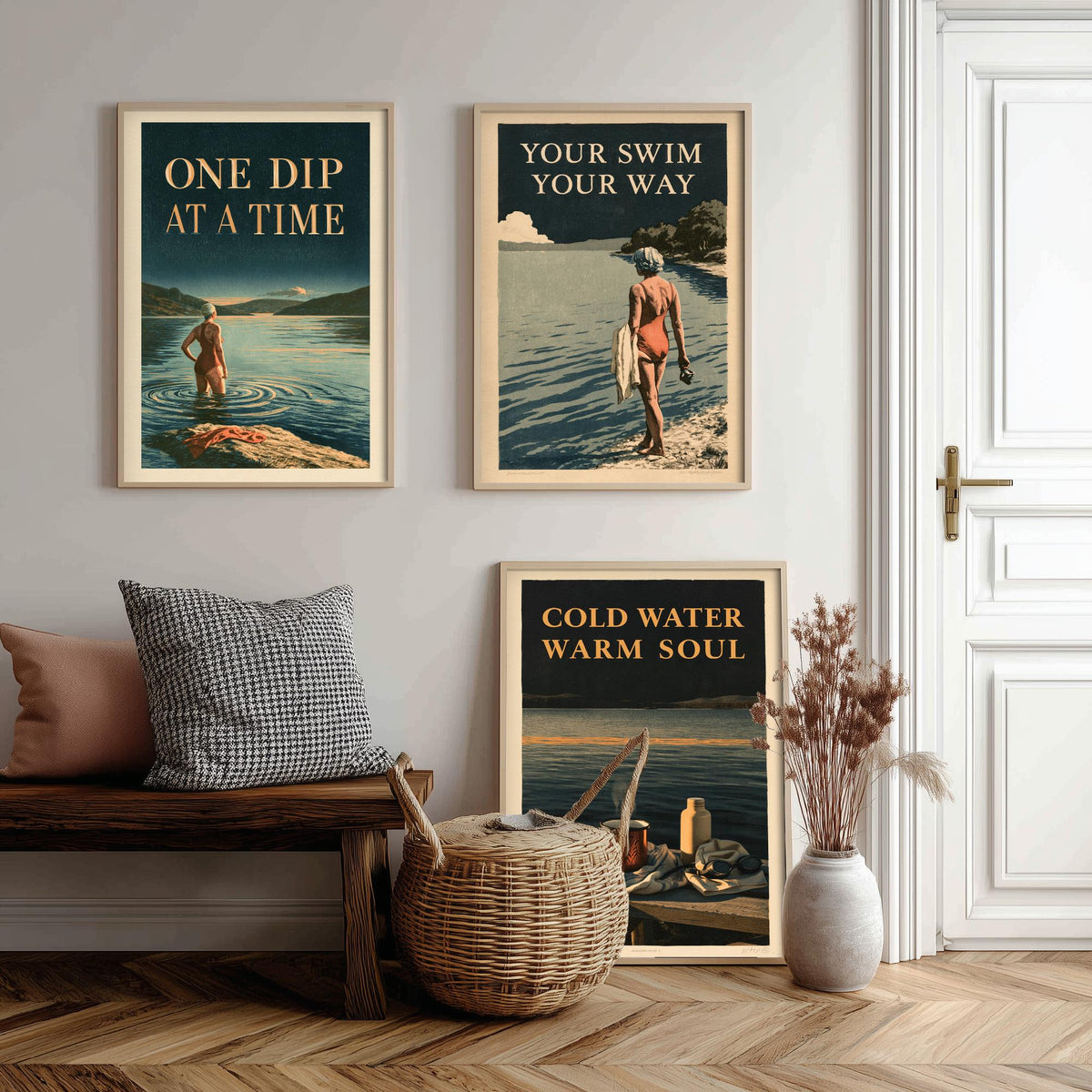 Wild Swimming Set of Three Art Prints - One Dip at a Time, Your Swim Your Way, Cold Water Warm Soul - Amberpress Poster Illustrations V1